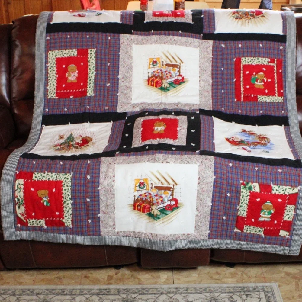 Christmas Quilt Red Blue Patchwork Teddy Bear Santa Cottagecore Rustic Country